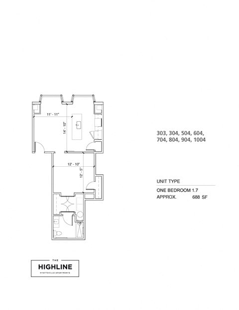 Floor plan for 1 bed, 1 bath, 700 sqft